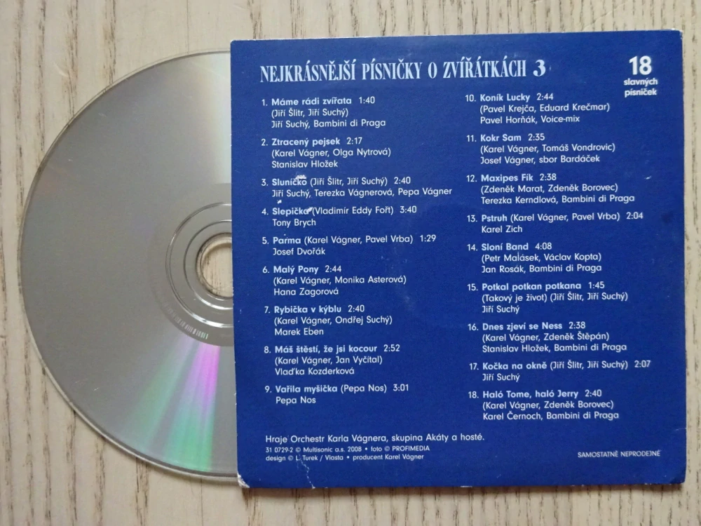 NEJKRÁSNĚJŠÍ PÍSNIČKY O ZVÍŘÁTKÁCH 3, CD HUDBA
