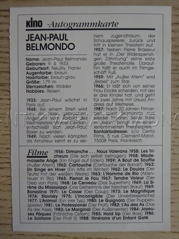 BELMONDO JEAN-PAUL, KARTIČKA KINO