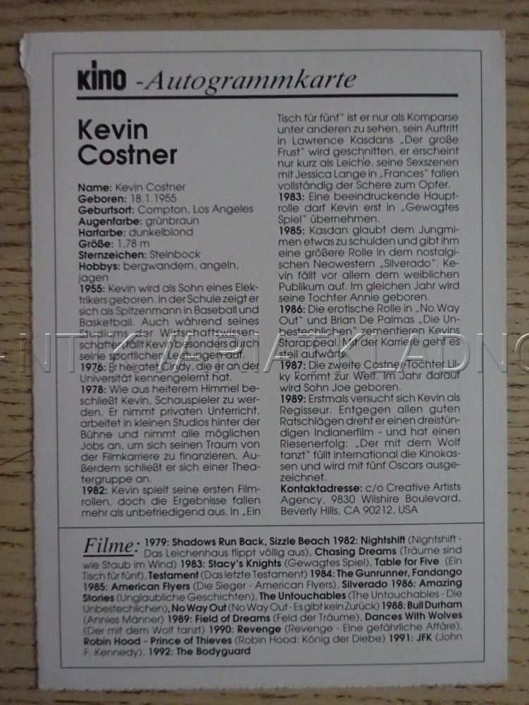 COSTNER KEVIN, KARTIČKA KINO