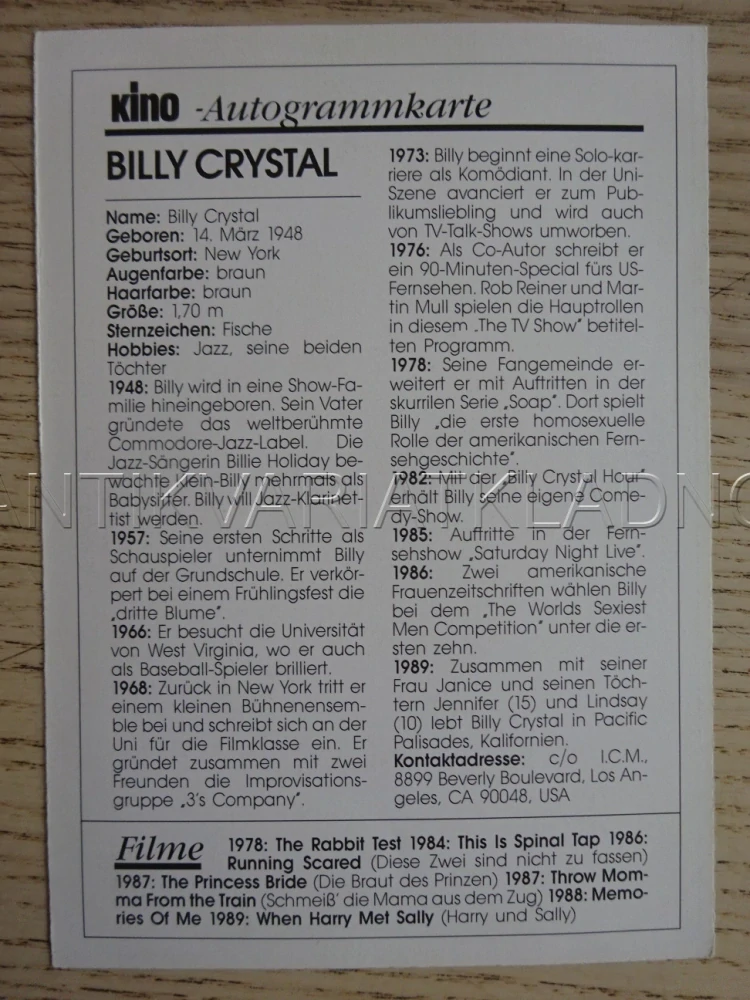 CRYSTAL BILLY, KARTIČKA KINO