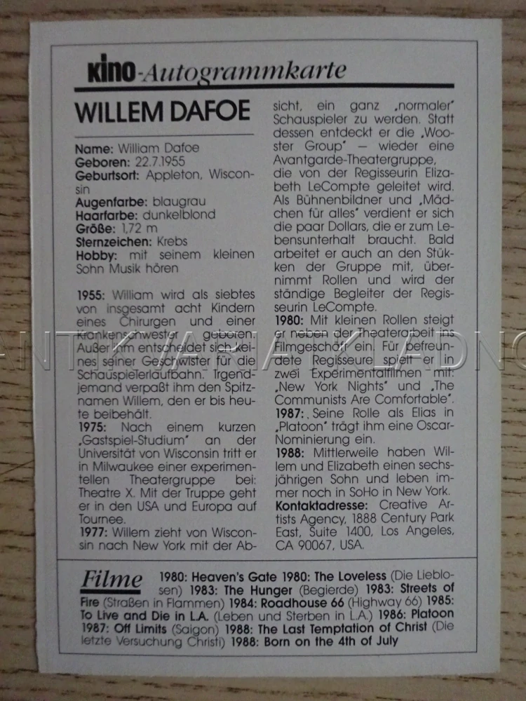 DAFOE WILLEM, KARTIČKA KINO