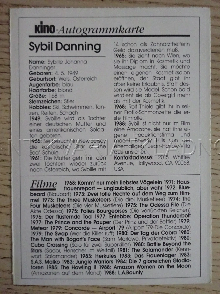 DANNING SYBIL, KARTIČKA KINO