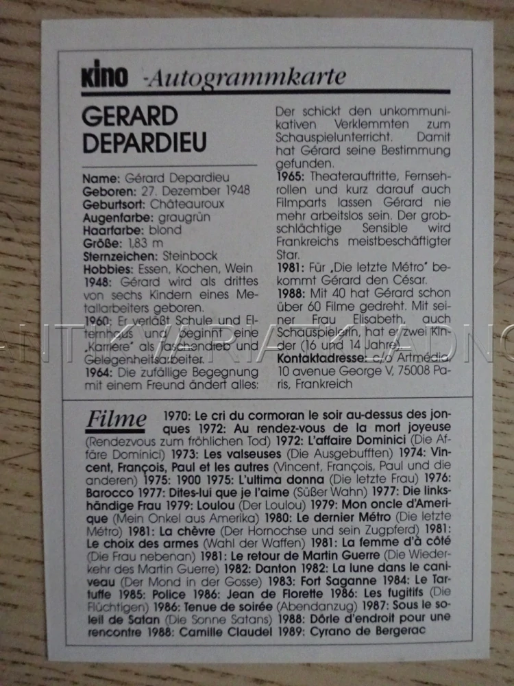 DEPARDIEU GERARD, KARTIČKA KINO