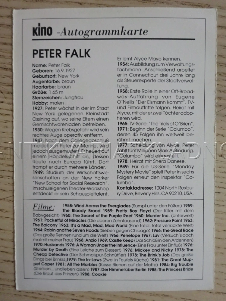 FALK PETER, KARTIČKA KINO