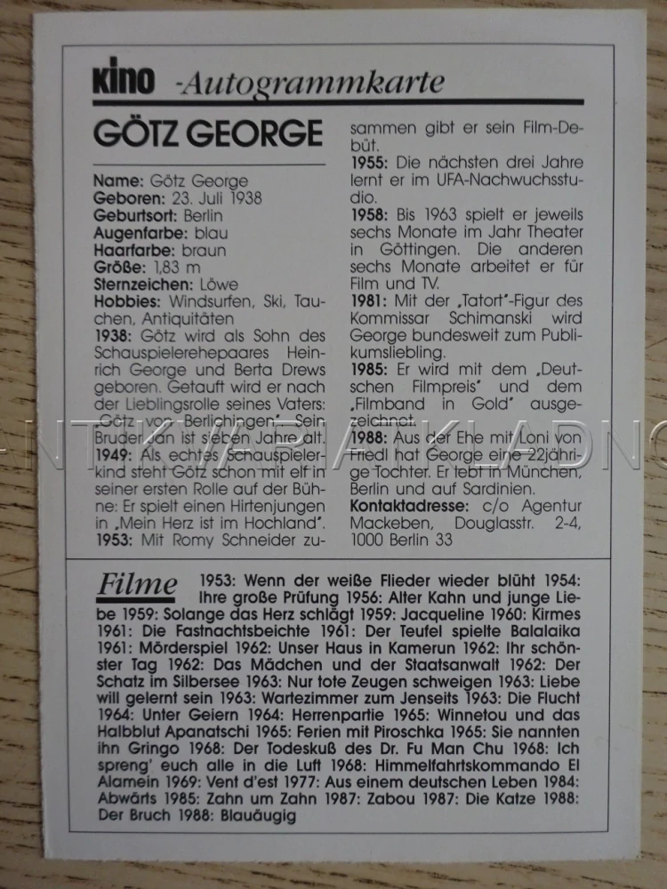 GEORGE GÖTZ, KARTIČKA KINO