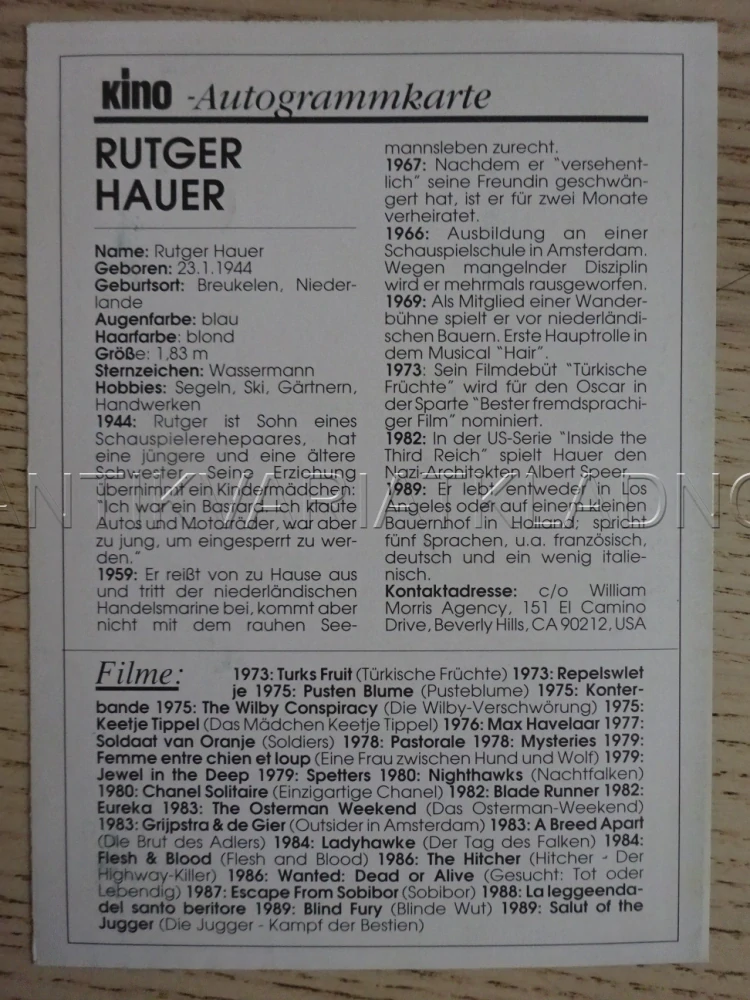 HAUER RUTGER, KARTIČKA KINO