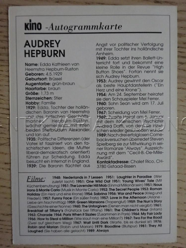 HEPBURN AUDREY, KARTIČKA KINO