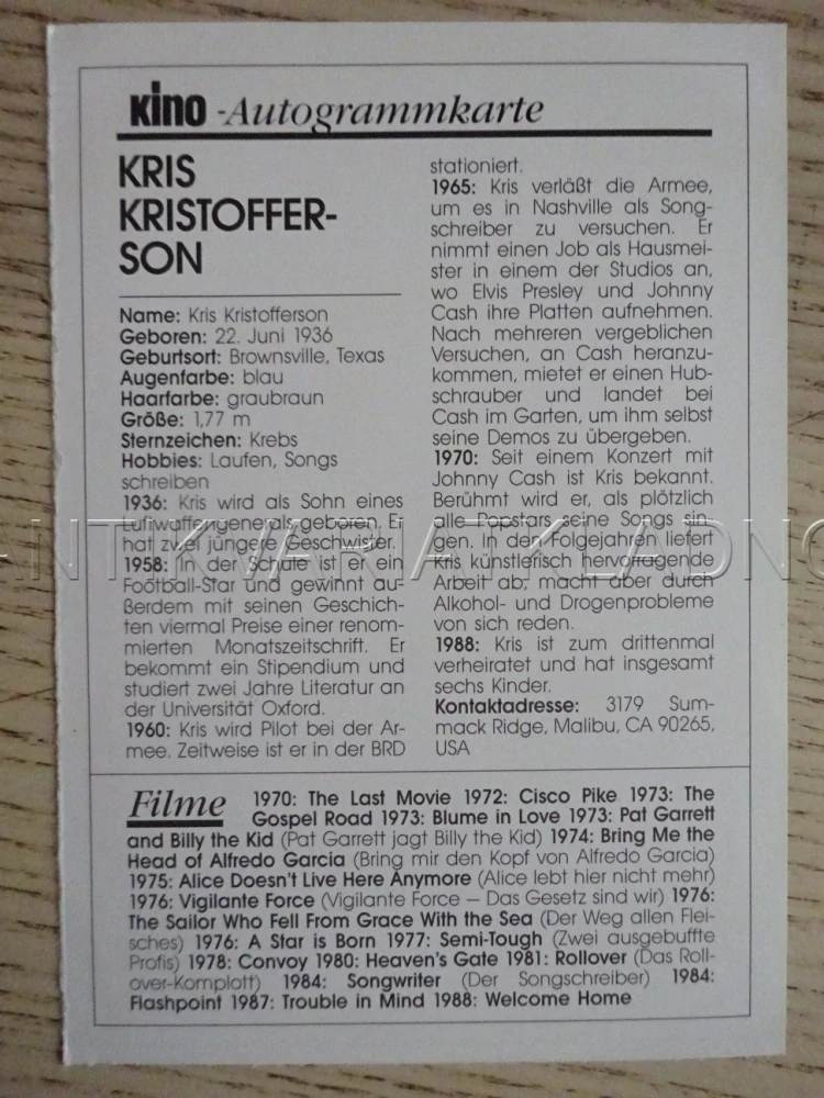 KRISTOFFERSON KRIS, KARTIČKA KINO