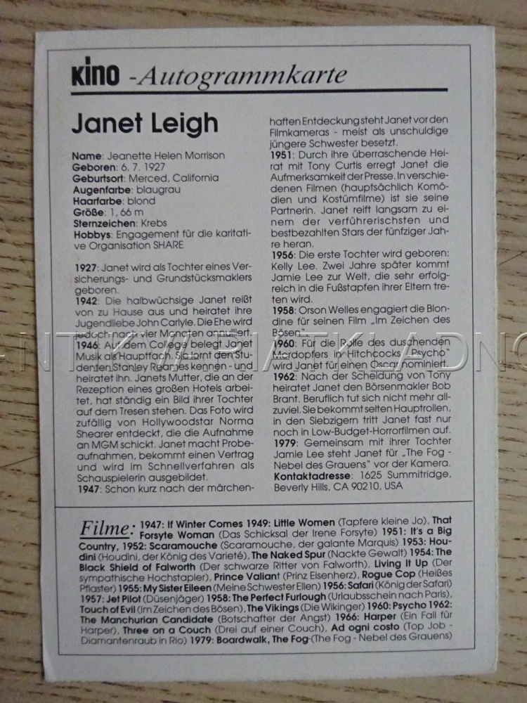 LEIGH JANET, KARTIČKA KINO