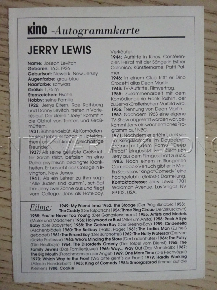 LEWIS JERRY, KARTIČKA KINO
