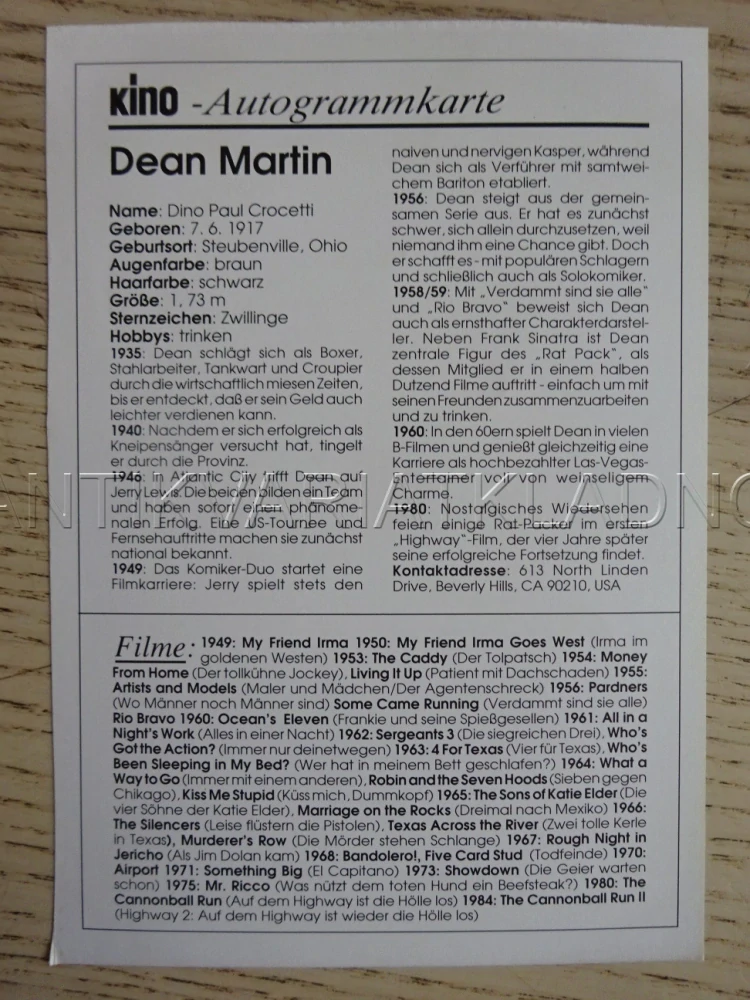 MARTIN DEAN, KARTIČKA KINO