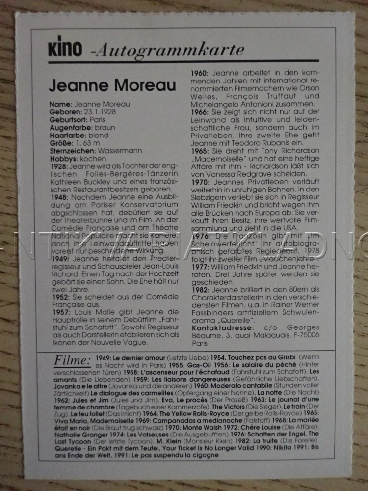 MOREAU JEANNE, KARTIČKA KINO