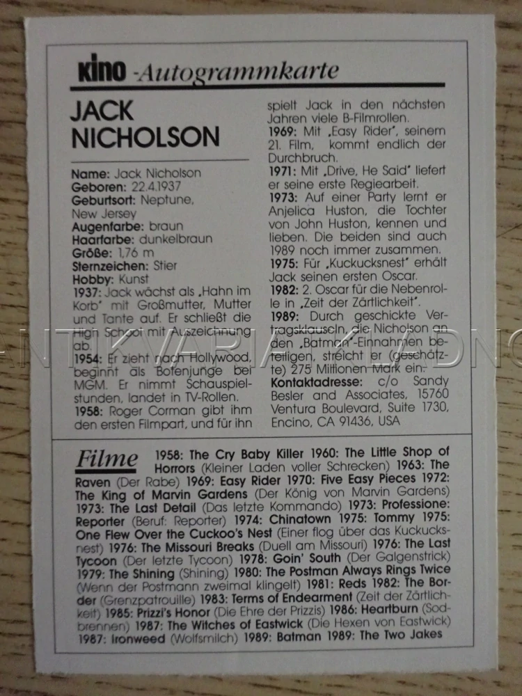 NICHOLSON JACK, KARTIČKA KINO