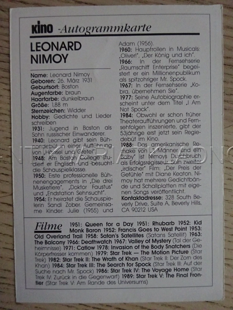 NIMOY LEONARD, KARTIČKA KINO