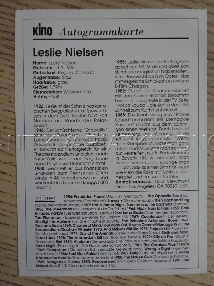 NIELSEN LESLIE, KARTIČKA KINO