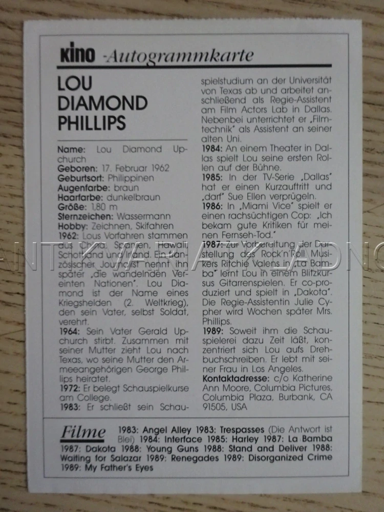 PHILLIPS DIAMOND LOU, KARTIČKA KINO