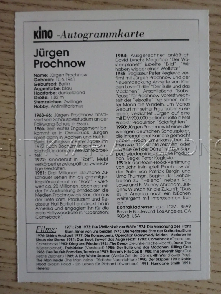 PROCHNOW JÜRGEN, KARTIČKA KINO