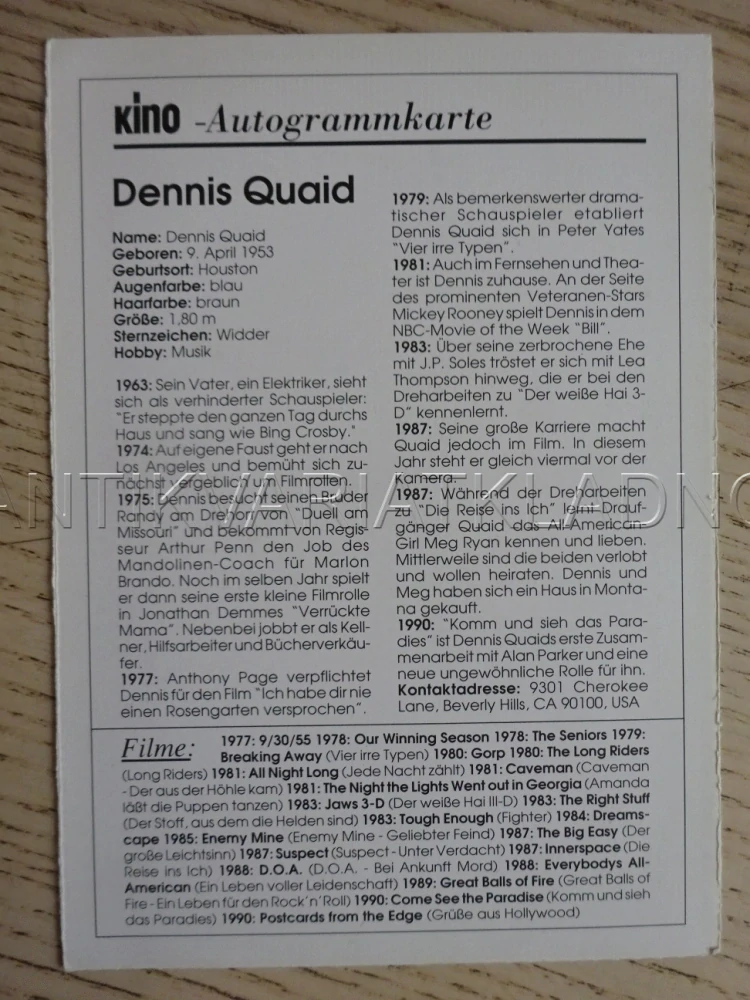 QUAID DENNIS, KARTIČKA KINO