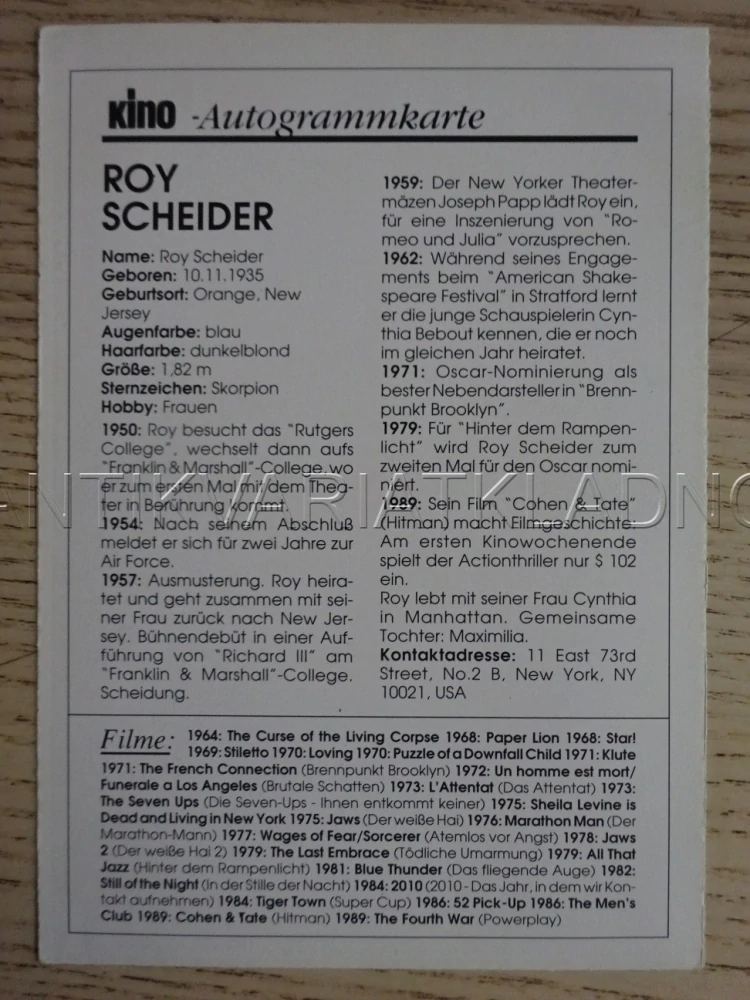 SCHEIDER ROY, KARTIČKA KINO