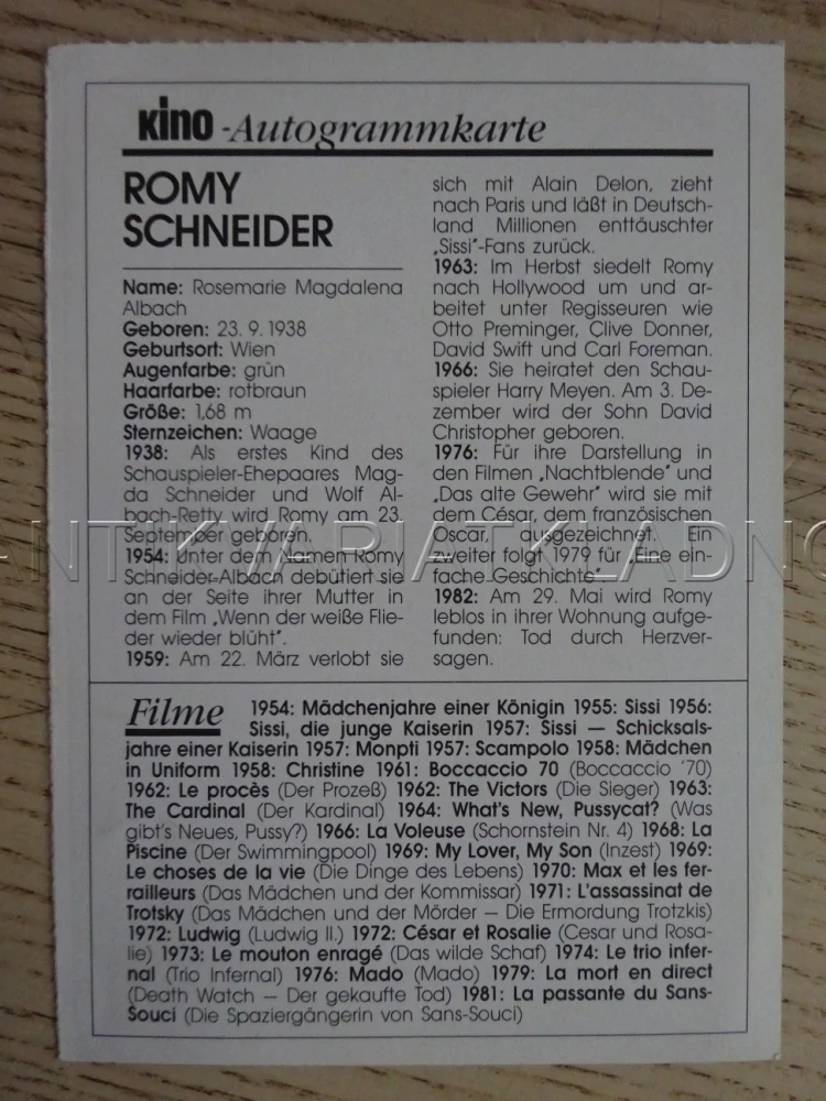 SCHEIDER ROMY, KARTIČKA KINO