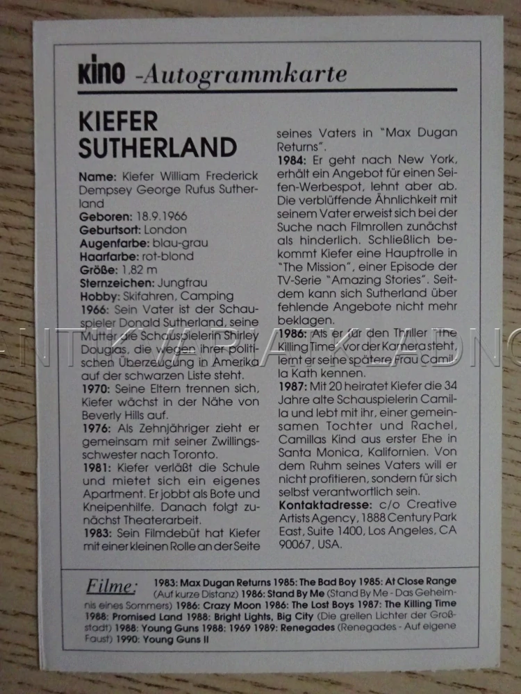 SUTHERLAND KIEFER, KARTIČKA KINO