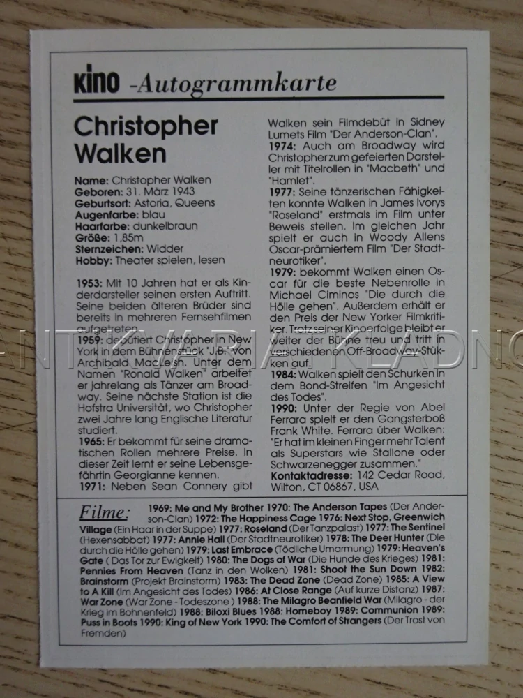 WALKEN CHRISTOPHER, KARTIČKA KINO