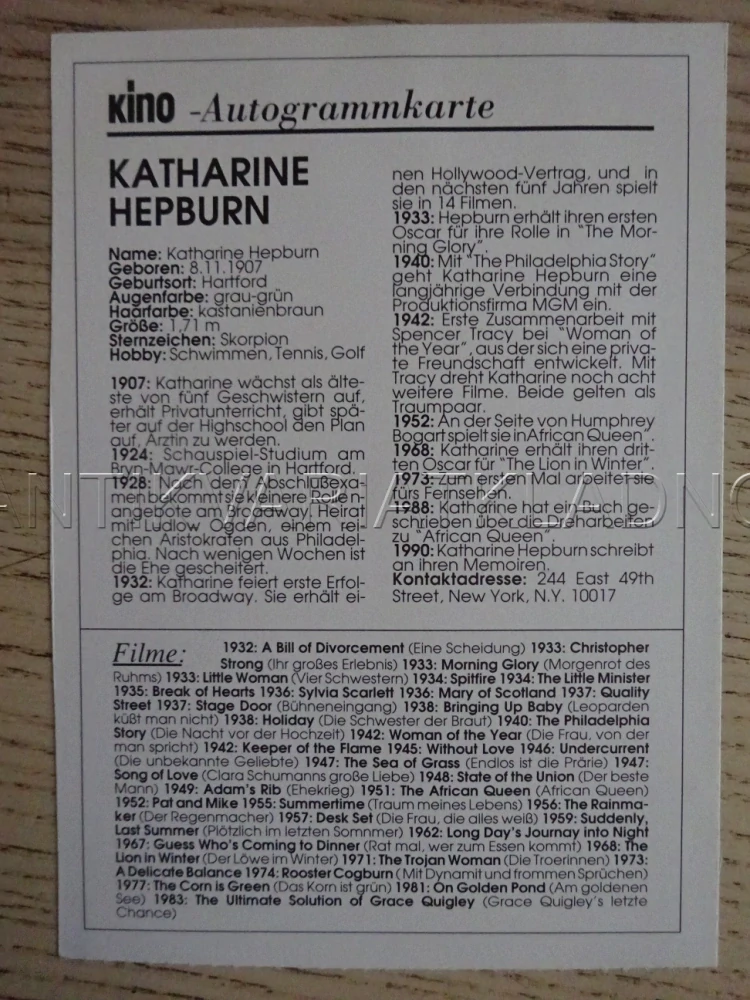 HEPBURN KATHARINE, KARTIČKA KINO
