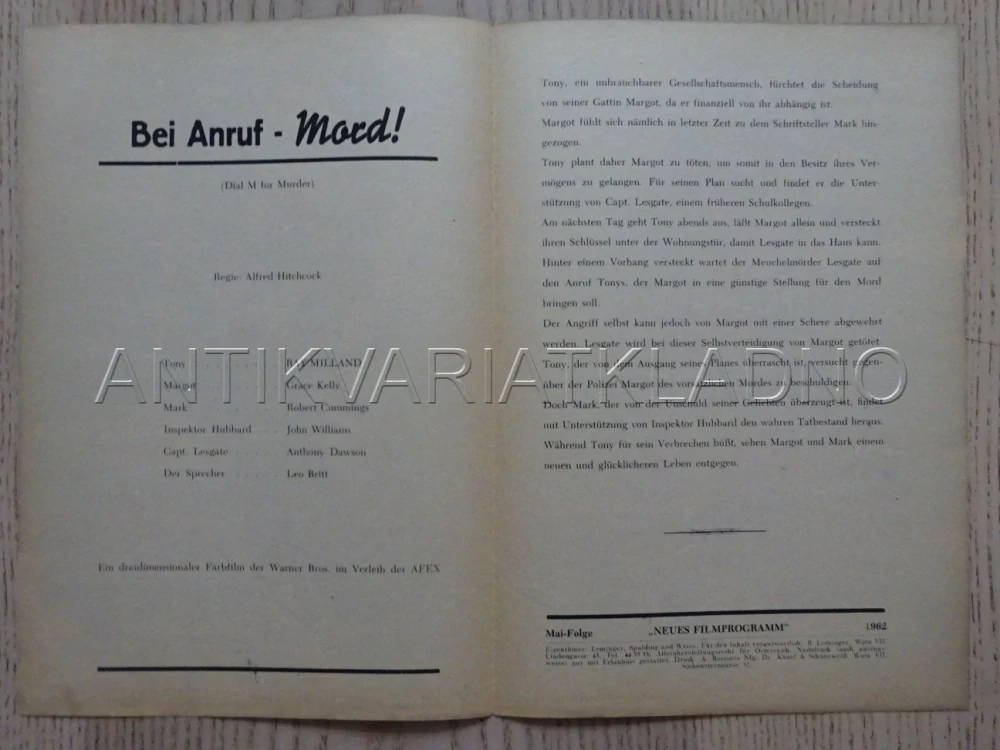 VRAŽDA NA OBJEDNÁVKU, A. HITCHCOCK, G. KELLY, NĚMECKY, BIO PROGRAM