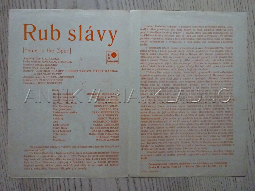 RUB SLÁVY, M. REDGRAVE, BIO PROGRAM Č. 8129