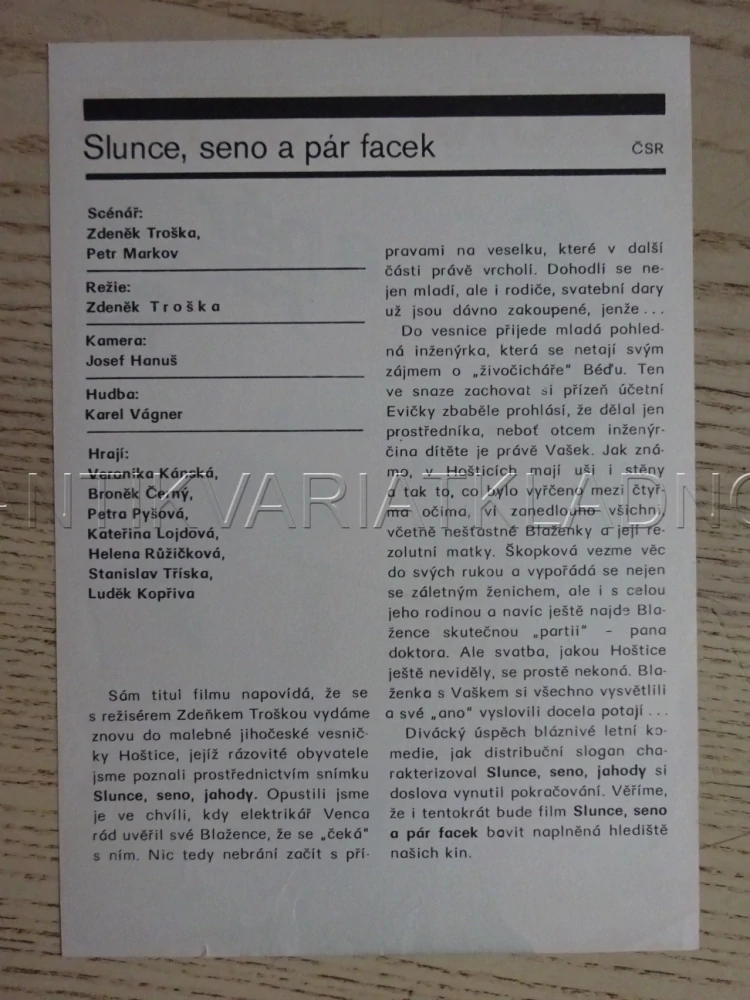 SLUNCE, SENO A PÁR FACEK, H. RŮŽIČKOVÁ, FILMOVÝ LETÁK