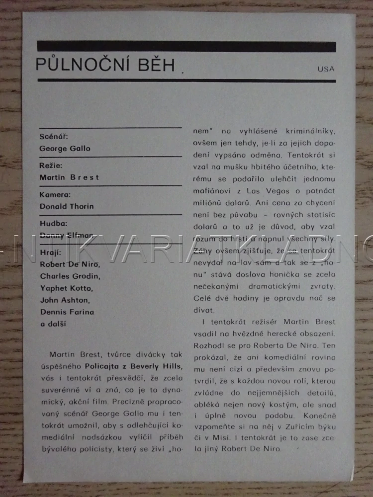 PŮLNOČNÍ BĚH, R. DE NIRO, CH. GRODIN, OBOUSTRANNÝ FILMOVÝ LETÁK