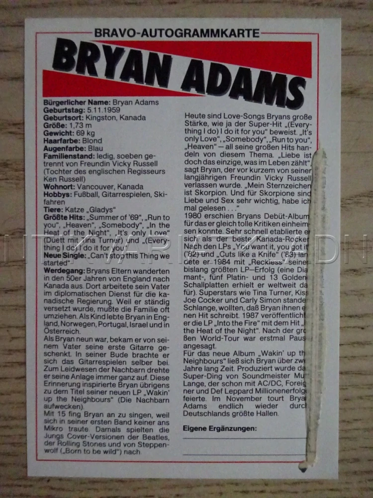 AUTOGRAM BRYAN ADAMS, KARTIČKA BRAVO