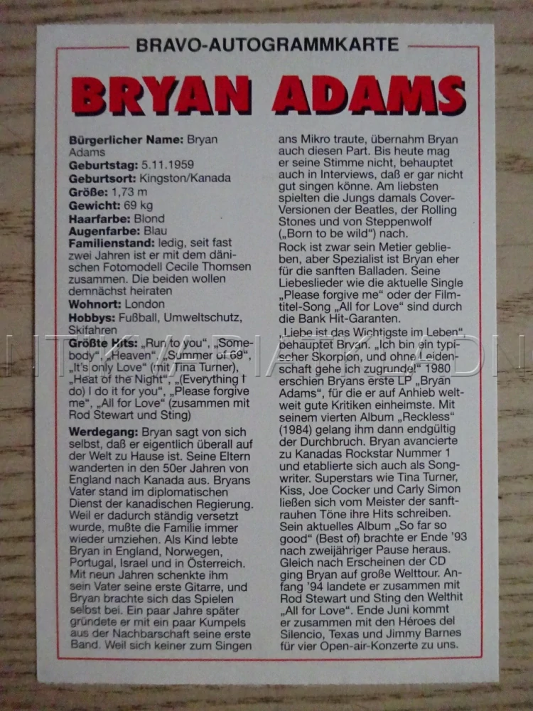 AUTOGRAM BRYAN ADAMS, KARTIČKA BRAVO