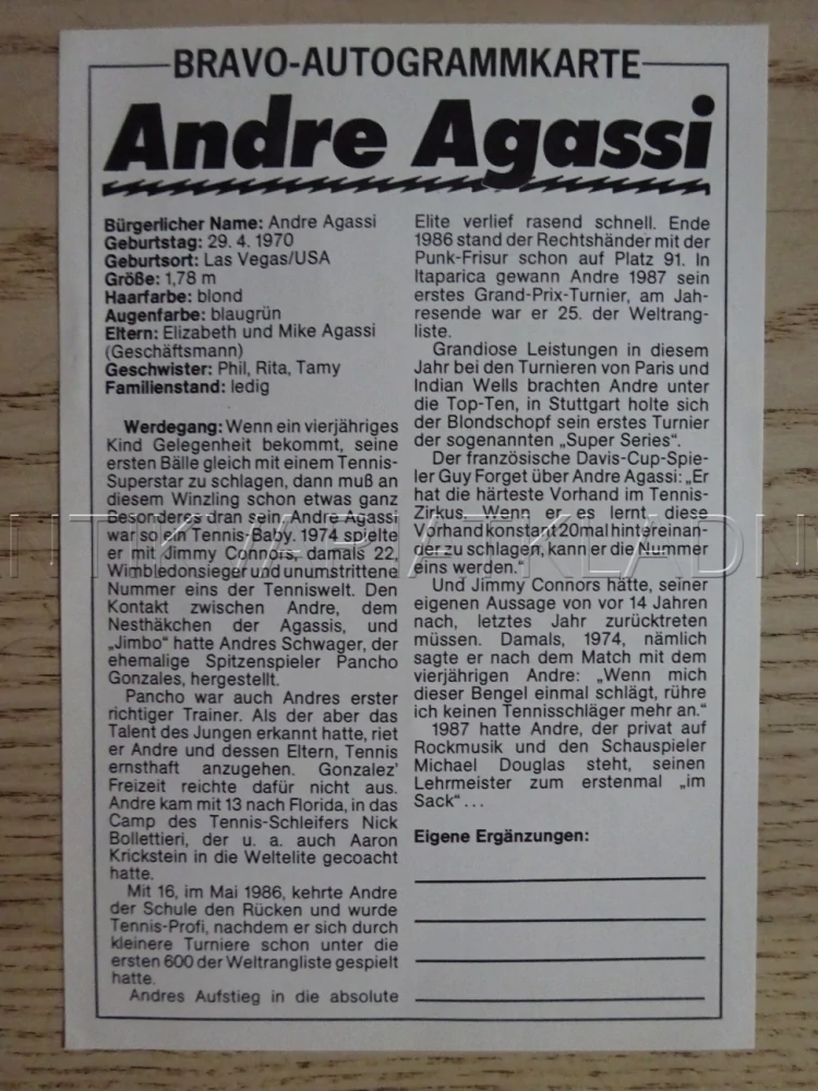 AUTOGRAM AGASSI ANDRE, KARTIČKA BRAVO