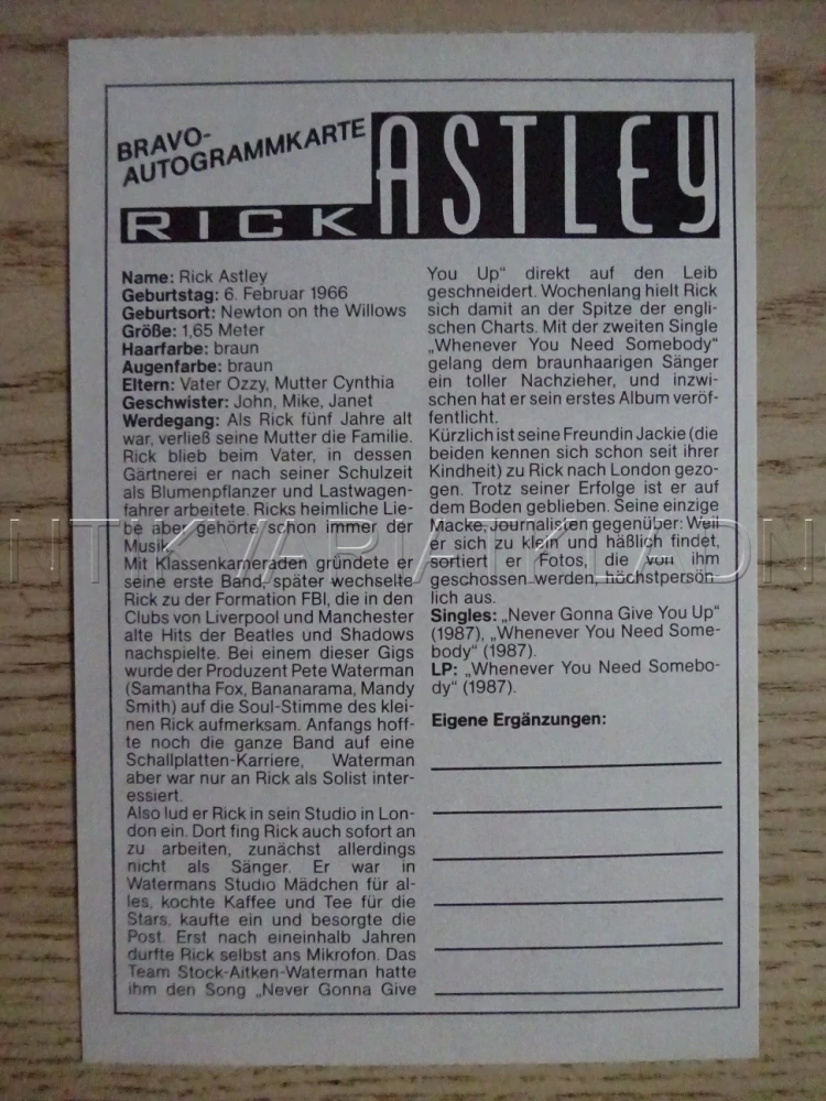 AUTOGRAM ASTLEY RICK, KARTIČKA BRAVO