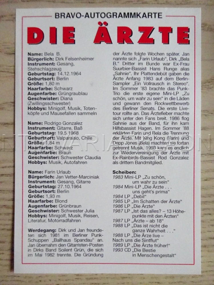 AUTOGRAM DIE ÄRZTE, KARTIČKA BRAVO