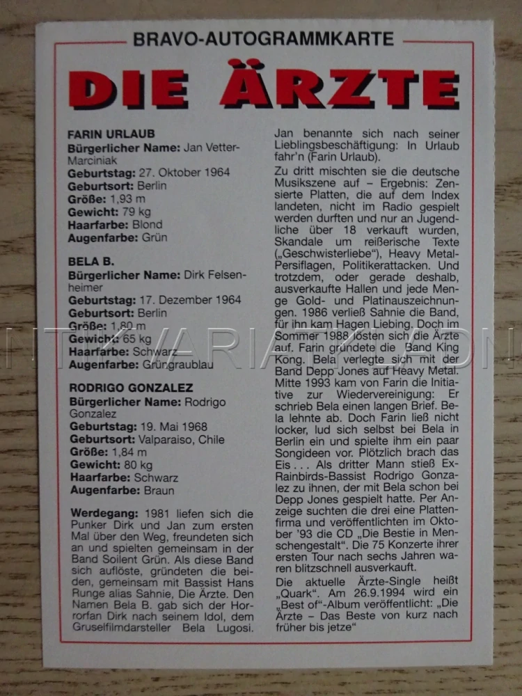 AUTOGRAM DIE ÄRZTE, KARTIČKA BRAVO