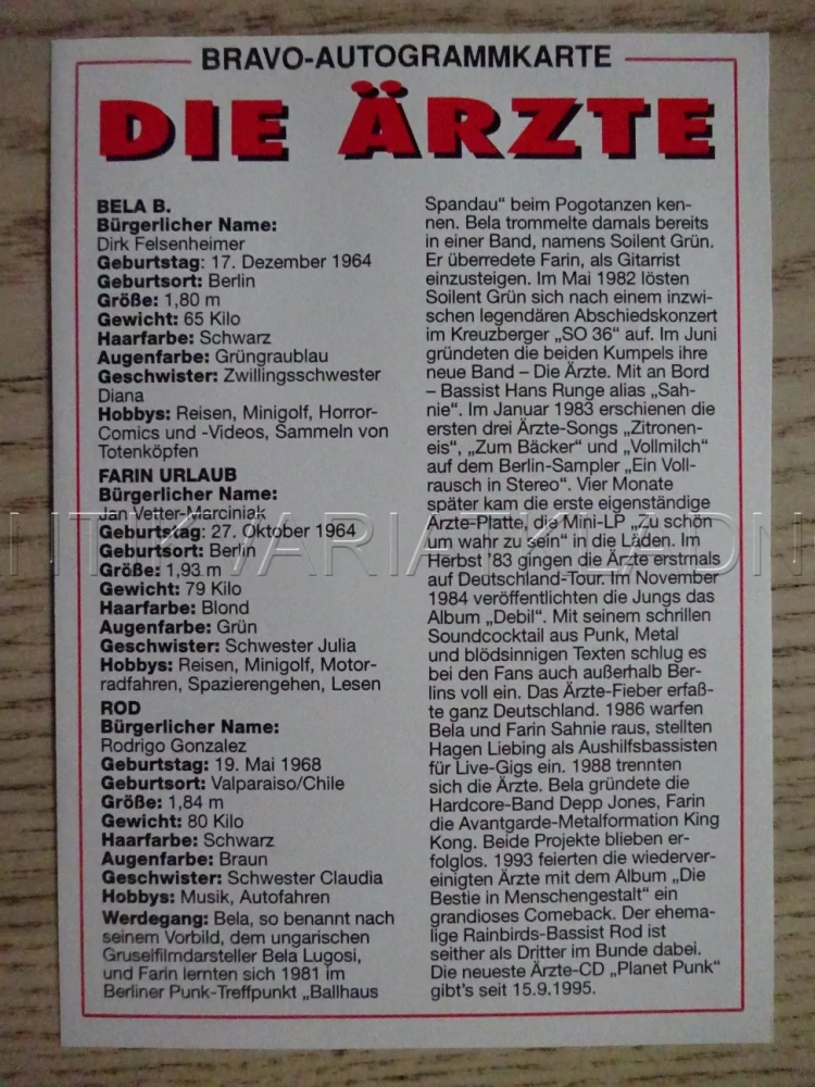 AUTOGRAM DIE ÄRZTE, KARTIČKA BRAVO
