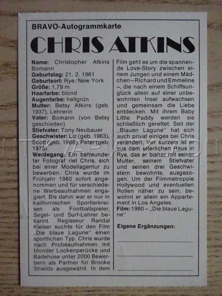 AUTOGRAM ATKINS CHRISTOPHER, KARTIČKA BRAVO