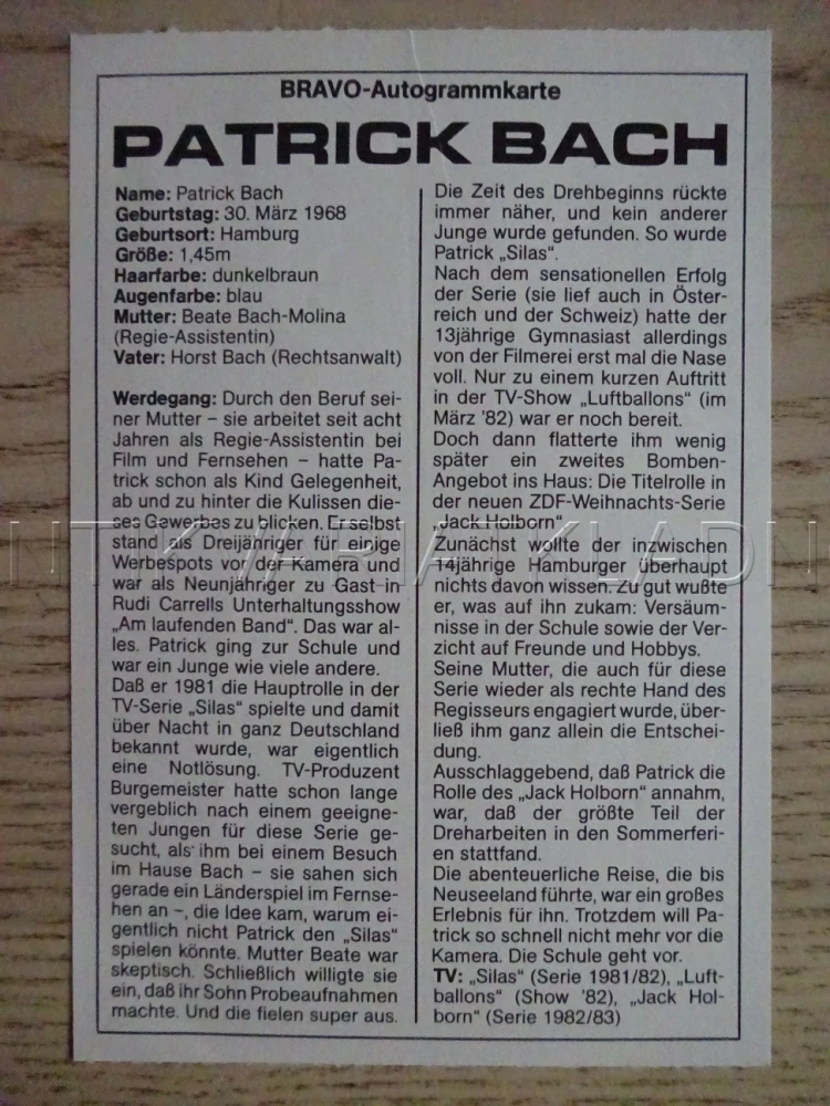 AUTOGRAM BACH PATRICK, KARTIČKA BRAVO