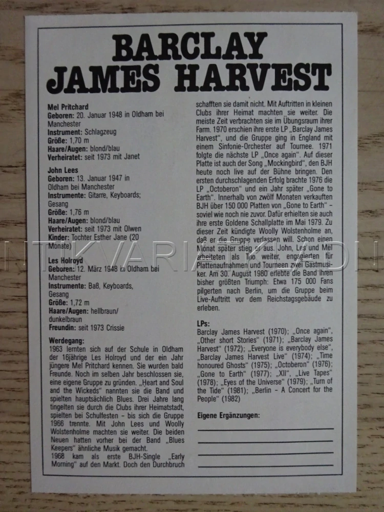 AUTOGRAM HARVEST JAMES BARCLAY, KARTIČKA BRAVO