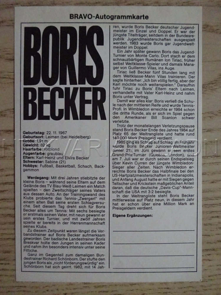 AUTOGRAM BECKER BORIS, KARTIČKA BRAVO