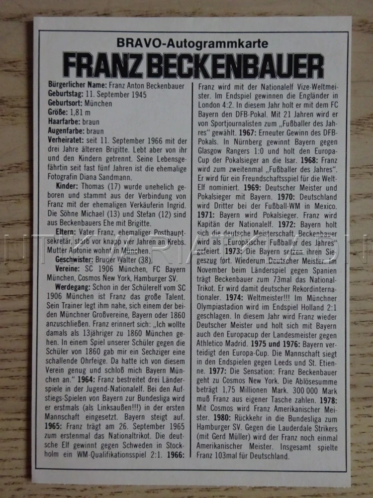 AUTOGRAM BECKENBAUER FRANZ, KARTIČKA BRAVO