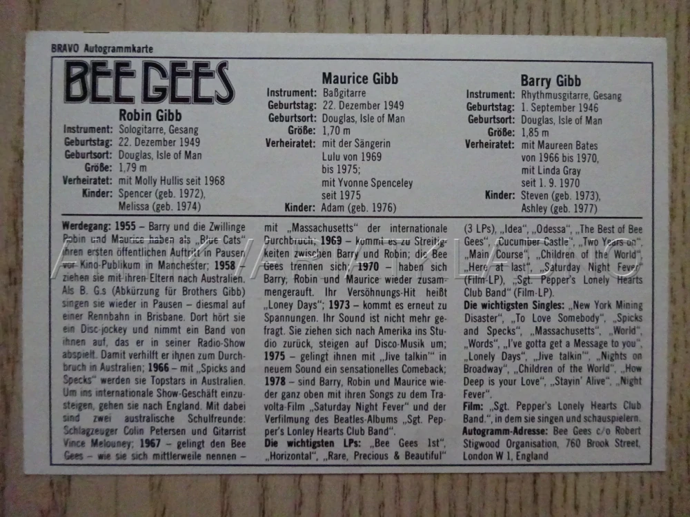 AUTOGRAM BEE GEES, KARTIČKA BRAVO