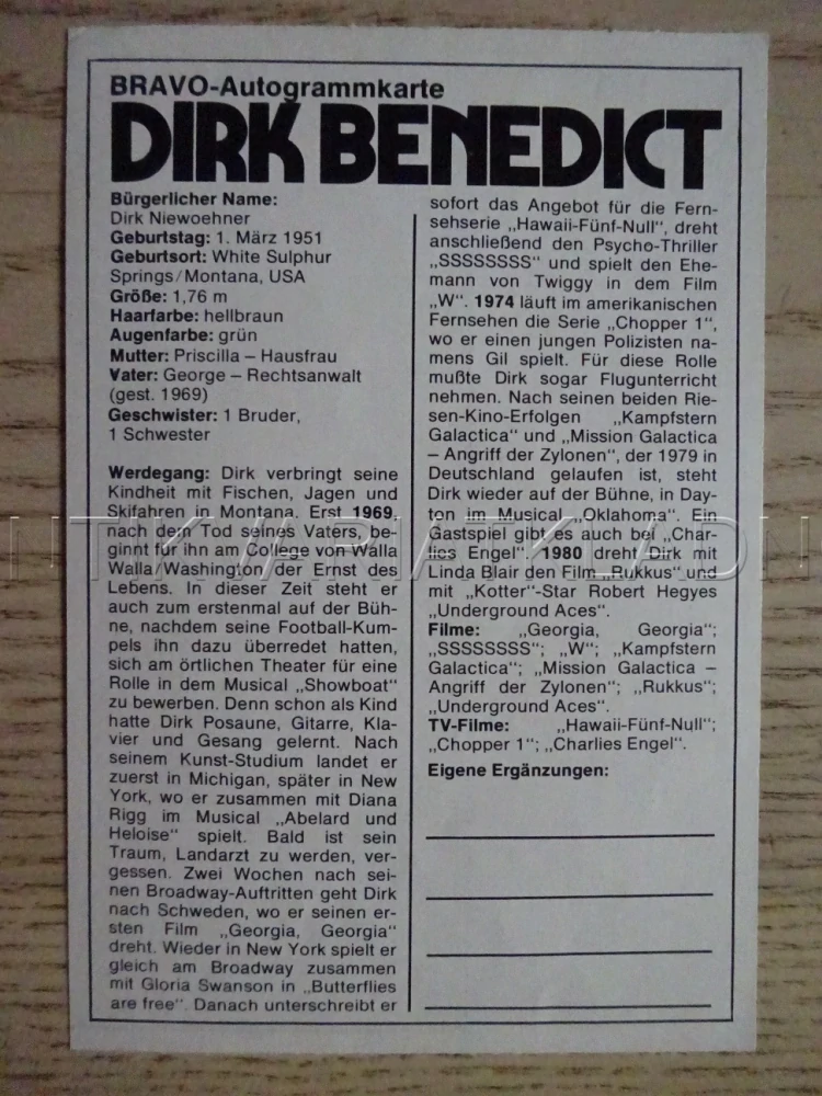 AUTOGRAM BENEDICT DIRK, KARTIČKA BRAVO