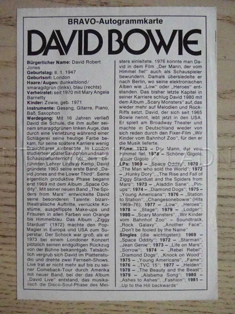AUTOGRAM BOWIE DAVID, KARTIČKA BRAVO
