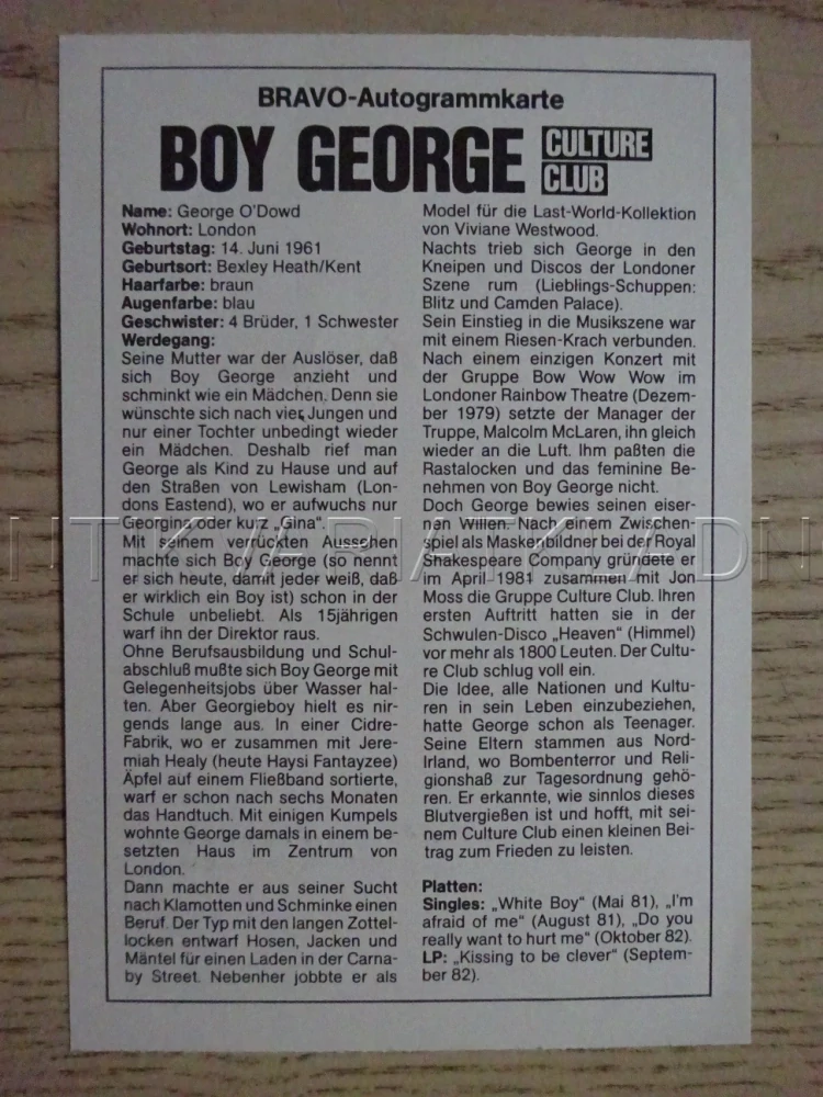 AUTOGRAM GEORGE BOY, KARTIČKA BRAVO
