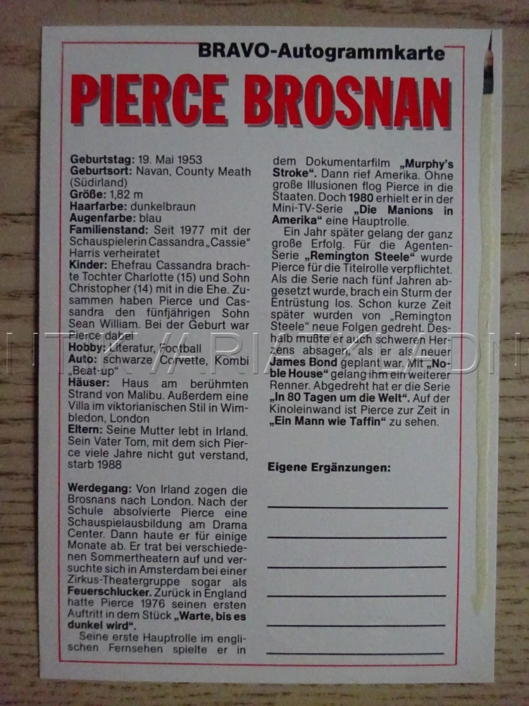 AUTOGRAM BROSNAN PIERCE, KARTIČKA BRAVO
