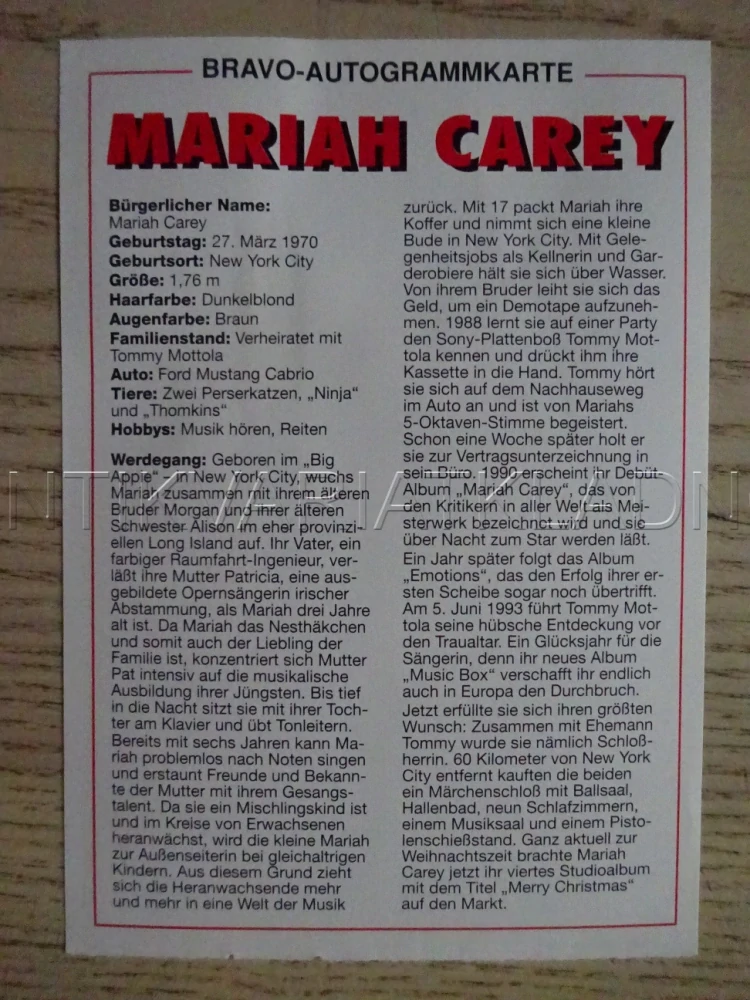 AUTOGRAM CAREY MARIAH, KARTIČKA BRAVO