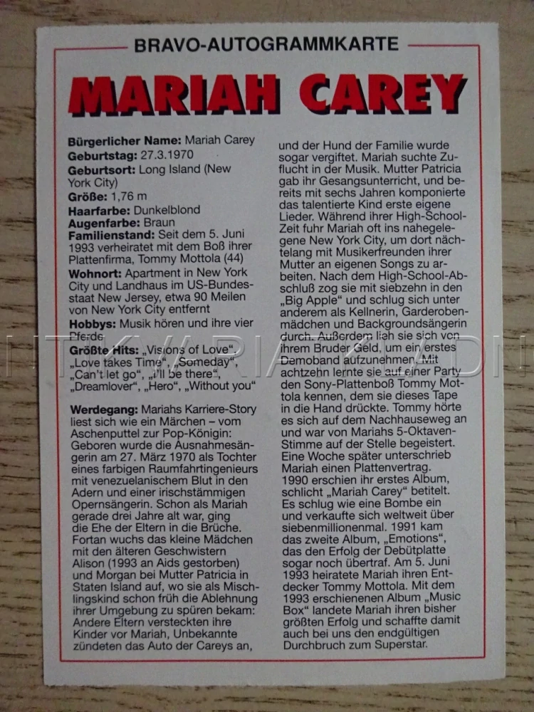 AUTOGRAM CAREY MARIAH, KARTIČKA BRAVO